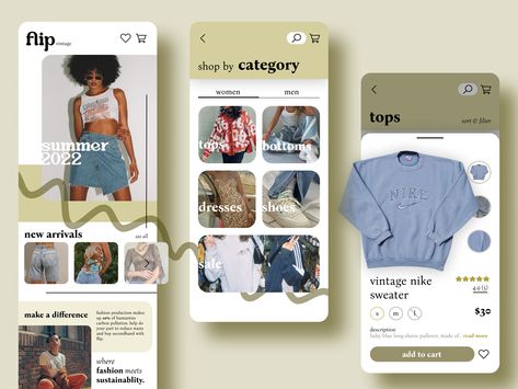 flip - thrift ecommerce app by Nyalah Victoria Vintage Nike Sweater, Online Thrift Shop, E-commerce App, App Design Layout, Ecommerce App, Mobile App Design Inspiration, Summer Bottoms, App Layout, App Design Inspiration