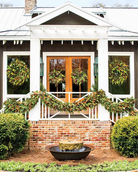 The Exterior James T Farmer, Farmers Porch, James Farmer, Christmas Greens, Southern Christmas, Southern Living House Plans, Holiday Greenery, Country Christmas Decorations, Christmas Front Porch