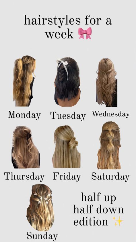 Hairstyles for a week! (Half up half down edition) 💞 #hairstyles #halfuphalfdown #aesthetic #bows #bowsandribbons #fyp Half Up Half Down With Braid Short Hair, Half Up Thick Hair, Hairstyles For Every Day Of The Week, Cheer Game Day Hair Football Season, Braids Into Half Up Half Down, Cute Hairstyles For Middle Schoolers, Cool Half Up Half Down Hairstyles, Half Up Half Down Hair Outfit, Cute Hairstyles Half Up