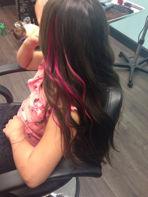 Pink Hair Strands Brunette, Small Streaks Of Color In Hair, Strip Highlight Hair, Hair Stripes Color, One Strand Hair Dye, Dark Pink Streaks In Brown Hair, One Strand Dyed Hair, Color Strands In Hair, 2 Strands Of Hair Dyed