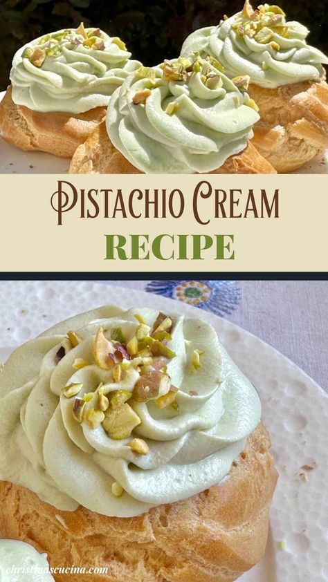 Pistachio cream is dreamy, pastry cream filling flavored with pistachio. Use it for zeppole di San Giuseppe, donuts, in meringues and more. Pistachio Cruffin Recipe, Pistachio Pastry Cream Recipe, Pistachio Cannoli Filling, Pistachio Eclairs Recipe, Pistachio Creme Patisserie, Pistachio Creme Recipes, Pistachio Cream Filling, Pistachio Puff Pastry Dessert, Pistachio Whipped Cream