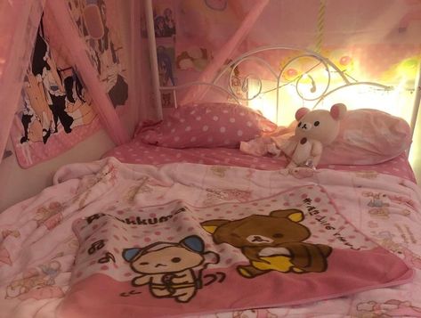 Kawaii Bedframe, Rilakkuma Bedroom, Cutecore Bed, Pink Kawaii Room, Cutecore Bedroom, Kawaiicore Room, Cutecore Room, Kawaii Room Ideas, Kitty Room