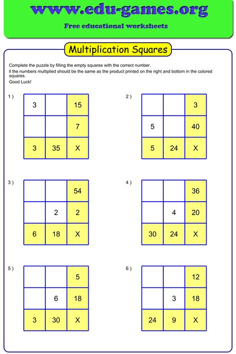 Multiplication Squares puzzles are a great way to practice multiplication and dividing skills combined with logical thinking. Suitable from grade 3 to grade 6. Multiplication Puzzles Free, Multiplication Puzzles, Multiplication Squares, Worksheets 3rd Grade, Multiplication Worksheet, Multiplication Worksheets, 1st Grade Worksheets, Grade 6, Multiplication And Division