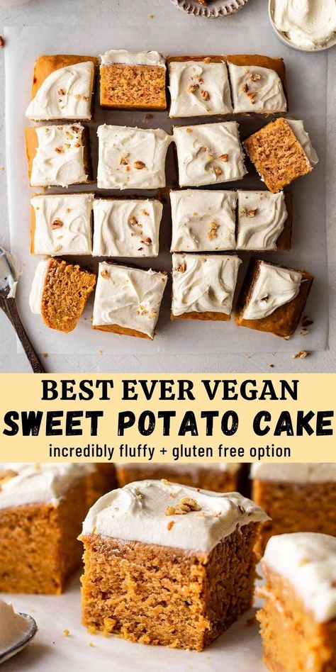 Collage of vegan sweet potato cake cut into squares. Cake is fluffy and topped with dairy free cream cheese frosting. Vegan Sweet Potato Recipes, Sweet Potato Dessert Recipes, Dairy Free Cream Cheese Frosting, Sweet Potato Cake Recipe, Sweet Potato Dessert, Gluten Free Sweet Potato, Sweet Potato Bread, Dairy Free Cream Cheese, Sweet Potato Cake