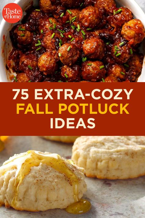 75 Fall Potluck Ideas That'll Make You Feel Positively Cozy Good Pot Luck Dishes, Potluck Dishes Finger Food, Fall Lunch Ideas For A Group, Easy Sides For Potluck, Potluck Protein Dishes, Comfort Food Potluck Ideas, Halloween Potluck Ideas For Work Lunch, Fall Pot Luck Recipes, Large Crowd Food