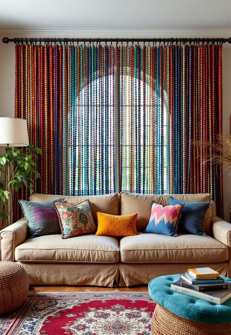 Boho Window Treatments Bamboo Beaded Curtains Doorway, Curtain Beads Ideas, Boho Blinds, Boho Living Room Curtains, Boho Curtains Living Room, Boho Window Treatments, Eclectic Curtains, Lace Window Treatments, Woven Blinds