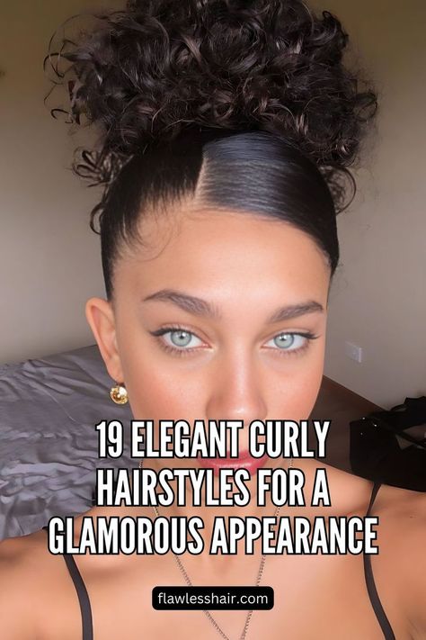 High Sleek Curly Bun Elegant Curly Updo, Fancy Curly Hairstyles, Elegant Curly Hairstyles, Fancy Buns, Curly Hair Up, High Bun Hair, High Bun Hairstyles, Curly Bun, Elegant Bun