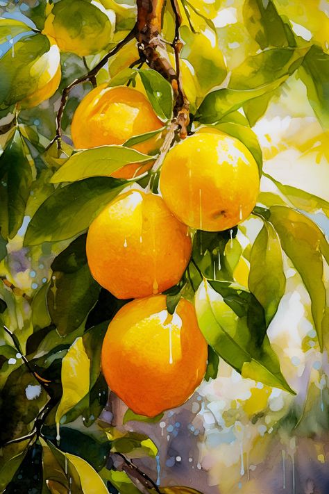 Orange Watercolor Painting, Watercolor Fruit Paintings, Fruit Painting Acrylic, Fruit Tree Painting, Orange Fruit Art, Arte Ganesha, Shrunken Heads, Fruit Watercolor, Maori People