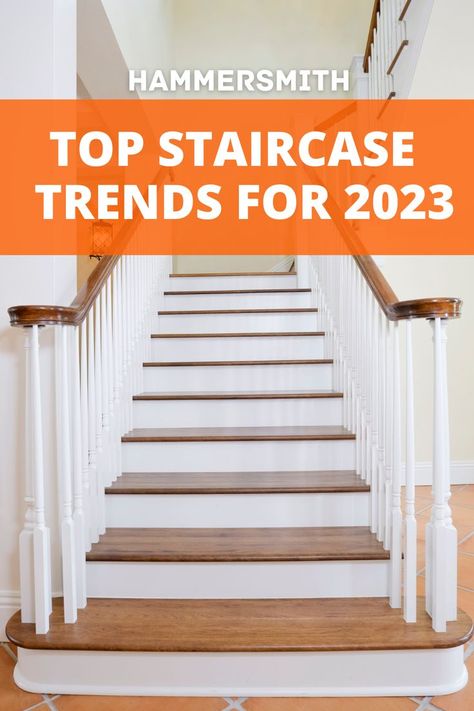 Hamptons style staircase with text overlay reading: top staircase trends for 2023 Modern Stairs Ideas, Stairs Remodeling, Staircase Remodel Diy, Stairs Wall Design, Stairs Decor Ideas, Stairs Storage Ideas, Stair Railing Makeover, Diy Staircase Makeover, Balustrade Design