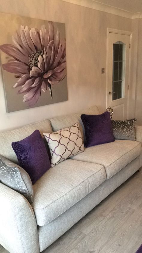 Gray Beige Purple Living Room, Lavender Accent Living Room, White And Lavender Living Room, Living Room Purple And Grey, Beige And Purple Living Room, Living Room Purple Accents, Purple Themed Living Room, Gray And Lavender Living Room, Lilac Living Room Decor