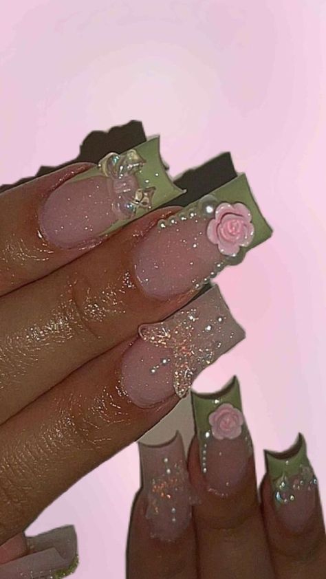 sage Green Sparkly Prom Dress, Green Sparkly Nails, Nature Princess, Tiana Wedding, Sweet 16 Nails, Princess Sweet 16, Disney Princess Nails, Quince Nails, Quinceanera Nails