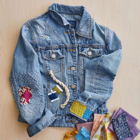 patched-jean-jacket-cloth-swatches-visible mending Upcycling, Visible Mending Stitches, Jean Jacket Patches, Stitch Patch, Small Sewing, Visible Mending, Basic Embroidery Stitches, Fabric Bunting, Fabric Scissors