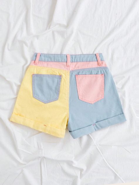 SHEIN WYWH Women's Color Block Cuffed Denim ShortsI discovered amazing products on SHEIN.com, come check them out! Ocean Clothes, Colored Denim Shorts, Cutwork Dress, Colored Denim Jeans, Ocean Outfits, Coloured Denim, Pastel Shorts, Denim Jeans Women, Women Denim Shorts