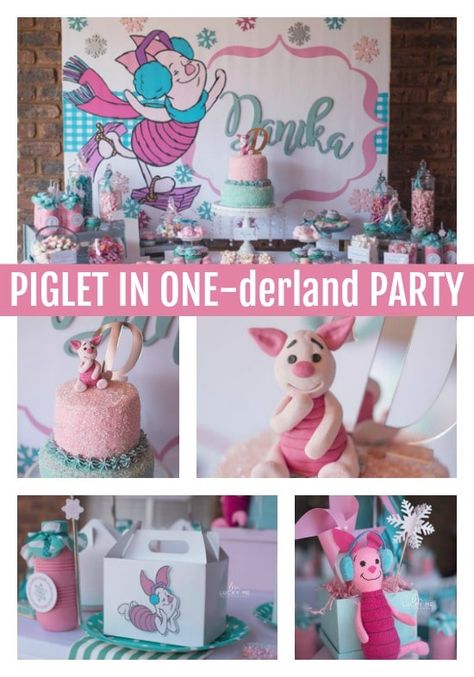 Adorable Piglet In Onederland 1st Birthday Party - Pretty My Party Piglet First Birthday Party Ideas, Piglet Themed Birthday Party, Piglet Birthday Party, Piglet Cake, Piglet Birthday, 1st Birthday Party For Girls, Disney Pooh, Birthday Party Desserts, Birthday Party Design