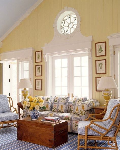 Pale Yellow Walls, Yellow Walls Living Room, Tropical Living Room, Soothing Bedroom, The Color Yellow, Blue Ceilings, Tropical Living, Room Refresh, Yellow Room