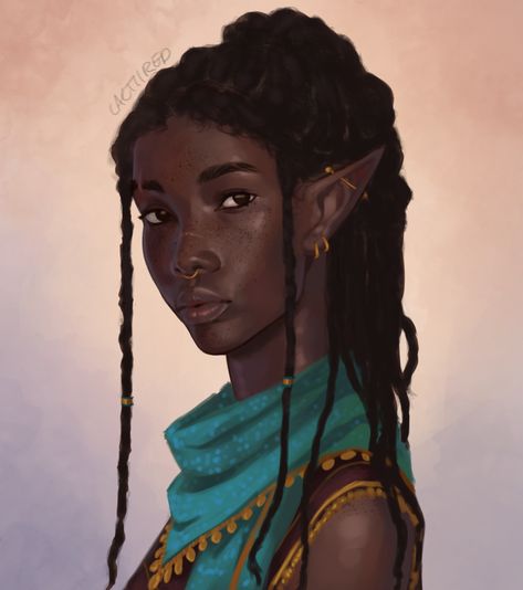 Black Dnd Characters, Dark Skinned Elf, Black Fantasy Art, Black Elves, Black Elf, Fantasy Friends, Elf Female, Guild Hall, Female Elf