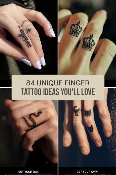 Looking to express yourself with some cool ink? Check out these 84 unique finger tattoo ideas! From charmingsnake finger tattoos to elegant crown designs, or even whimsical cat silhouettes, there’s something for everyone. Whether you prefer delicate linework or bold statements, these tiny tattoos are perfect for showing off your personality with creativity. Explore a variety of designs that have deep meanings or are just plain fun—get inspired for your next tattoo adventure! Cool Finger Tattoos For Women Unique, Best Finger Tattoos For Women, Unique Finger Tattoos For Women, Tiny Knife Tattoo, Christian Finger Tattoos, Delicate Finger Tattoos For Women, Inside Finger Tattoos, Inner Finger Tattoo, Finger Tattoo Ideas