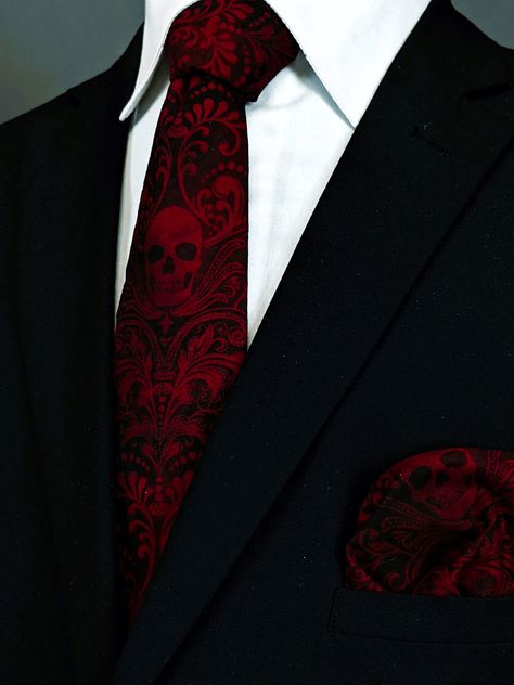 This item is hand-dyed by Ed's Neckties. When ordering multiple items from Ed's Neckties, we kindly request that you order them together. Each batch of our neckties may vary slightly from the next, and ordering together ensures that all your items are made from the same batch. This ensures that everything matches perfectly. This goth skull tie features a black background with red skulls. Available as a skinny and an extra-long tie. Pocket squares available. Matching pocket square can be purchase Black And Red Suit, Dark Red Wedding, Dark Romantic Wedding, Gothic Wedding Theme, Skull Tie, Vampire Wedding, Dark Wedding Theme, Red Wedding Theme, Goth Wedding