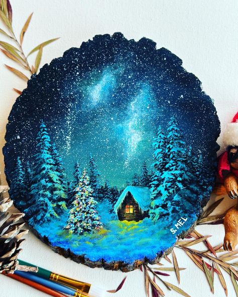 “Winter” acrylic painting on the slice of wood , Snowglobe Painting, Acrylic Christmas Paintings, Winter Art Ideas, Winter Wonderland Painting, Christmas Acrylic Painting, Barn Wood Art, Wooden Christmas Crafts, Circle Painting, Nature Home