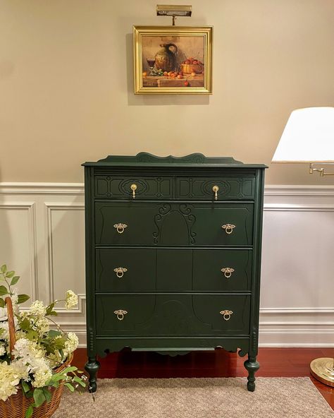 Green Dresser Tall, Dresser And Bookshelf Combo, Dark Green Armoire, Vintage Dresser Painted, Antique Tall Dresser, Deep Green Dresser, Vintage Tall Dresser, Sage Green Dressers Painted, Refinished Dresser Ideas