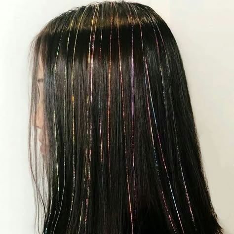 fun hair inspo pt1 Hair With Glitter Extensions, Sparkles In Hair, Hair With Glitter, Hair Tinsels, Glitter Extensions, Glitter Hair Extensions, A Line Hair, Tinsel Hair, Hair Drawing Reference