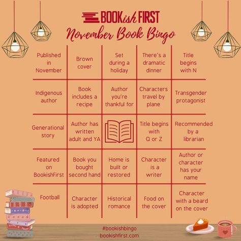 A bingo board with an orange background and images of books, pumpkin pie, and coffee.The prompts are all bookish and related to reading challenges. Bookish Bingo, November Reading, November Books, November Holidays, Reading List Challenge, Tbr Pile, List Challenges, Bingo Board, Another Round