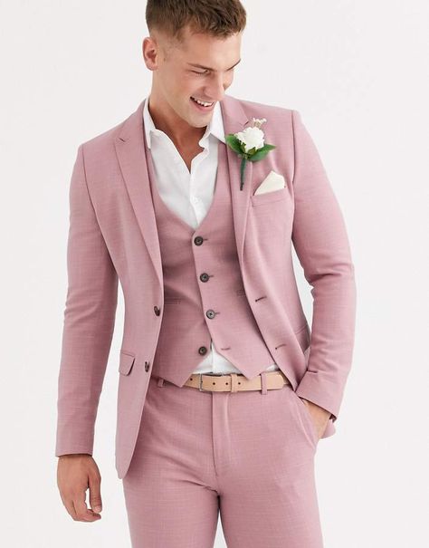 ASOS DESIGN wedding super skinny suit jacket in crosshatch in rose pink Pink Suit Men, Rosé Suit, Terno Slim, Dinner Suit, Wedding Suits Groom, Slim Fit Suits, Prom Suits, Pink Suit, Fashion Suits For Men