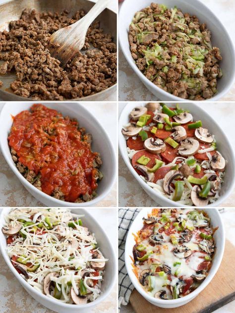 A collage of 6 images showing how to make Keto Pizza Casserole. Easy Pizza Casserole, Keto Pizza Casserole, Supper Idea, Fish Taco, Pizza Casserole, Taco Bowls, Keto Pizza, Low Carbs, Easy Pizza