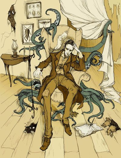 H.P. Lovecraft by Abigail Larson poster in the Cthulhu Shop, the shopping guide for cultists! www.cthulhushop.com Hp Lovecraft Aesthetic, Monster Wallpaper, Lovecraft Country, Abigail Larson, Lovecraft Art, Lovecraft Cthulhu, Lovecraftian Horror, Creepy Stuff, H P Lovecraft