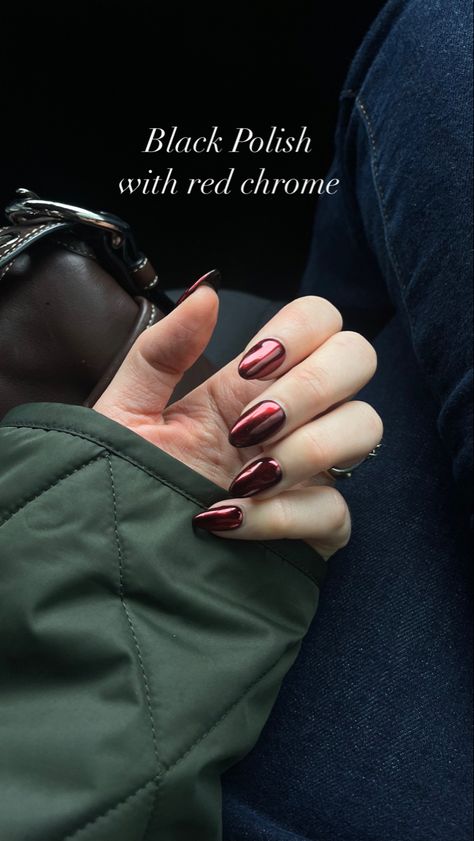 Red chrome nails Jewel Tone Chrome Nails, Maroon Crome Nails, Nails 2024 Holiday, Black Nails Red Chrome, Black With Red Chrome Nails, Burgundy With Chrome Nails, Dark Red Metallic Nails, Chrome Blood Nails, Dark Red Velvet Nails