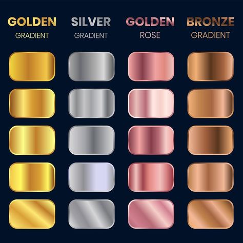 Gradient Swatches set, Collection Of Golden Gradient, Silver Gradient, Bronze Gradient, Golden Rose Gradient Rose Gold Foil Texture, Golden Gradient, Silver Gradient, Jewel Drawing, Gold Drawing, Gold Foil Texture, Concept Art Tutorial, Gold Gradient, How To Shade