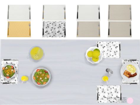 Place Setting Set. 10 Contemporary place mats that includes silverware fork and knife with 8 recolors -MATS ARE DISPLACED FOR AVAILABLE TABLE SMALL DECO SLOTS- Place Mats on table first. 10 Sims4... Sims 4 Placemats, Table Plate Setting, Sims 4 Kitchen, Fork And Knife, Sims 4 Clutter, The Sims 4 Download, Sims 4 Update, Sims Community, Club Dress