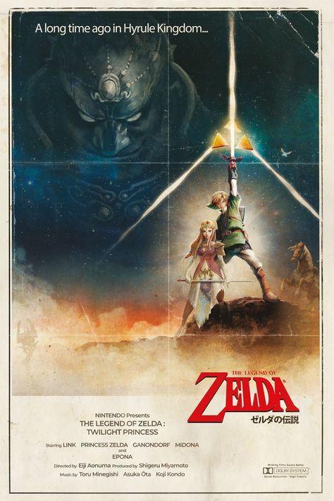 The Legend of Zelda - Created by Richard Tran Legend Of Zelda Poster, Legend Of Zelda Twilight Princess, Zelda Video Games, Shigeru Miyamoto, Retro Gaming Art, Zelda Twilight Princess, Video Game Posters, Posters Design, Vintage Poster Design