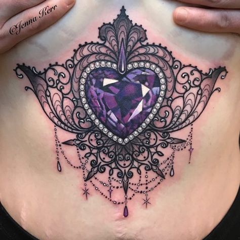 Jenna Kerr | 576910 | Tattoodo Underboob Tattoo Designs, Gem Tattoo, Jewel Tattoo, Crystal Tattoo, Tattoo Heart, Underboob Tattoo, Diamond Tattoos, Lace Tattoo, Sternum Tattoo