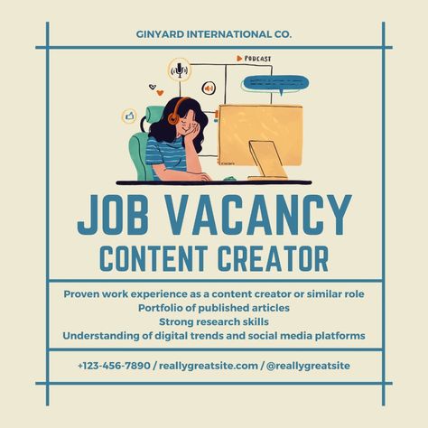 Blue Beige Minimalist Job Vacancy Content Creator Instagram Post - Templates by Canva Job Posting Template, Content Creator Instagram, Job Poster, Beige Minimalist, Job Vacancy, Research Skills, Digital Trends, Canva Design, Job Posting