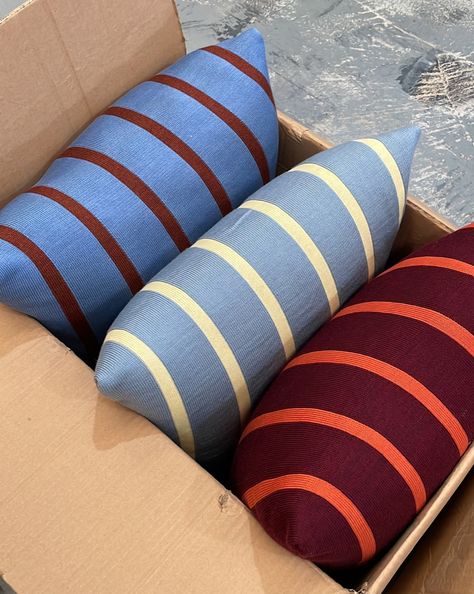 CUSHIONS – CURIOPRACTICE Patchwork, Grey Couch Pillow Ideas Colour Schemes, Living Room Cushion Ideas, Stores Design, Striped Furniture, House Of Dreams, Buttons Design, Checked Cushions, Embroidered Labels