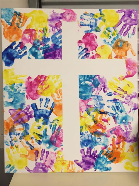 Handprint cross made by nursery kids age 0-5. Used blue painters tape to make the cross on a large canvas & then did the handprints. Remove tape while the paint is still wet & TADA!! Priceless artwork❤️ Large Canvas Art Diy, Bible Crafts Sunday School, Nursery Crafts, Selfie Wall, Sunday School Classroom, Children's Church Crafts, Bible Activities For Kids, Auction Ideas, Church Nursery