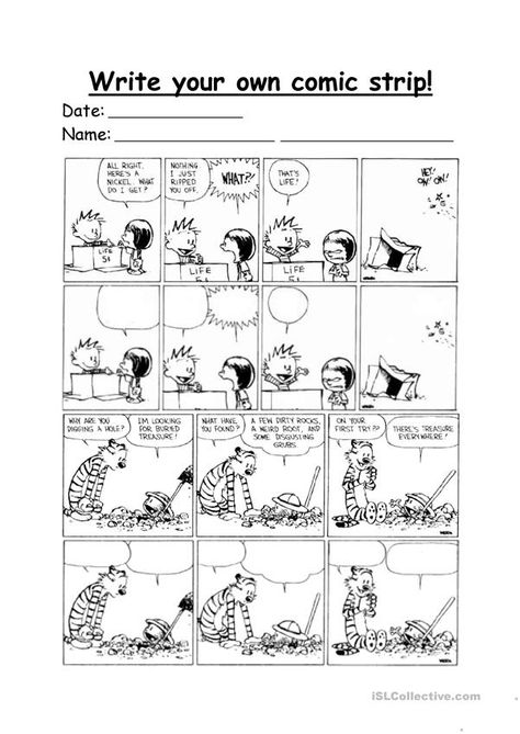 Calvin and Hobbes Make Your Own Comic Strip Worksheet - English ESL Worksheets for distance learning and physical classrooms Comic Strip Ideas Student, Student Interest Survey, School Comics, Interest Survey, Create Your Own Comic, Tiny Library, What Makes You Laugh, Teaching Drama, Calvin And Hobbes Comics