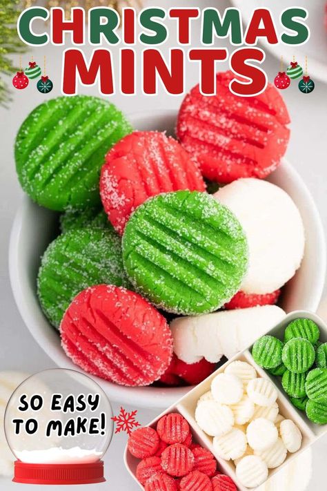 Our homemade Christmas Mints recipe is a fun way to add a festive flair to your holiday party table with a plateful of brightly colored homemade peppermint Christmas candy. Made in minutes using only a handful of ingredients (including cream cheese, corn syrup, and powdered sugar), these no-bake creamy, buttery bites taste even better than store-bought pepper mint patties. Old Fashion Butter Mints Recipe, Homemade Mints Recipe, Buttermints Recipe Homemade, Peppermint Christmas Candy, Christmas Cream Cheese Mints, Christmas Candy Making, Holiday Candies Homemade, Simple Christmas Candy Recipes, Easy Holiday Candy Recipes