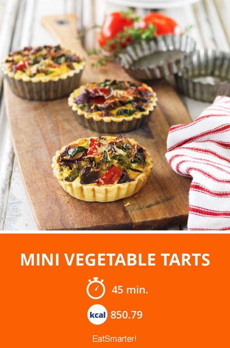 Mini Vegetable Tarts - 850 kcal - simple dish - So healthy is the recipe: 7.3/10 | A recipe idea by EAT SMARTER | Vegetable, vegetable tart, Tartlet #fruitvegetable #healthyrecipes Savory Tartlets Recipe, Vegetable Tartlets, Mini Tarts Savory, Vegetable Tarts, Vegetable Tart Recipes, Savoury Tarts, Veggie Pies, Vegetable Tart, Tartlets Recipe