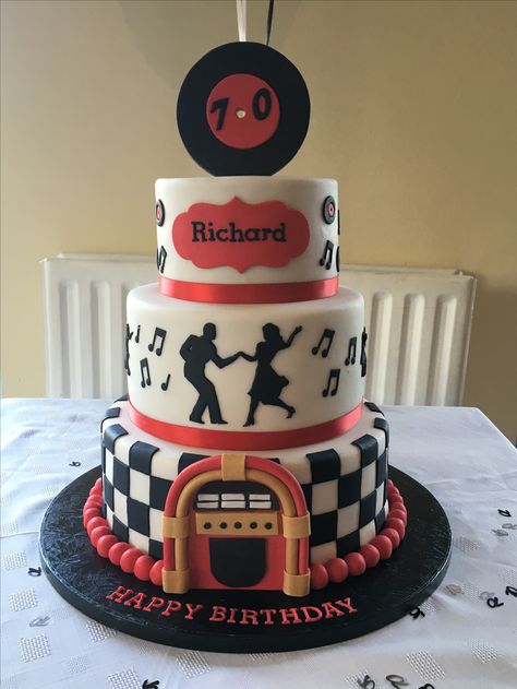 50's Themed Cake 50s Theme Cake Ideas, 1950 Cake Ideas, 50s Themed Birthday Cake, 50s Cake Theme, 1950s Cake Ideas, 50s Themed Cake, Grease Cake, Musician Cake, 50s Cake