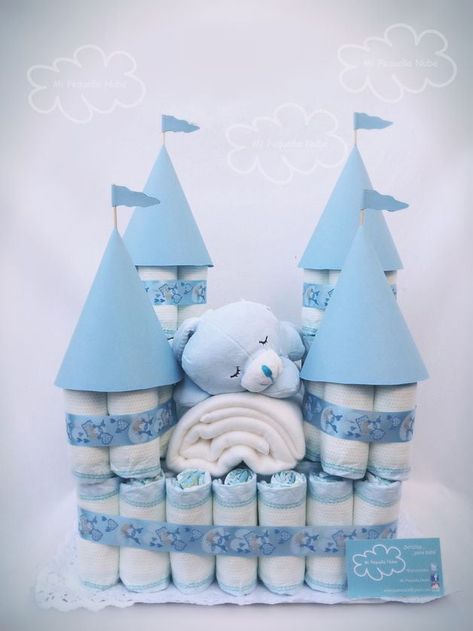 14 Baby Shower Diaper Gifts & Decorations - Care.com Diaper Cake Castle, Diaper Gifts, Idee Babyshower, Baby Shower Baskets, Nappy Cakes, Baby Shower Crafts, Baby Shower Diaper Cake, Cadeau Baby Shower, Baby Diaper Cake