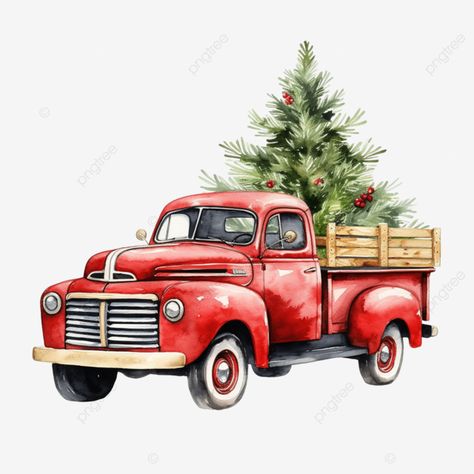 watercolor red pickup vintage truck with christmas trees vintage truck red truck classic car png Christmas Truck Watercolor, Little Red Truck Christmas Tree, Vintage Red Truck Christmas Pictures, Christmas Carvings, Red Christmas Truck, Xmas Pics, Truck With Christmas Tree, Christmas Embellishments, Car Png