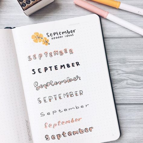 Amiza Omar ♛ on Instagram: “Happy Friday! Here’s some idea for your September header. 💛✨ . . ———————— Supplies used are tagged in the photo.” Bullet Journal Headings, Bullet Journal Title Page, Bullet Journal Titles, April Bullet Journal, Bullet Journal Headers, December Bullet Journal, January Bullet Journal, Bullet Journal Font, Journal Fonts