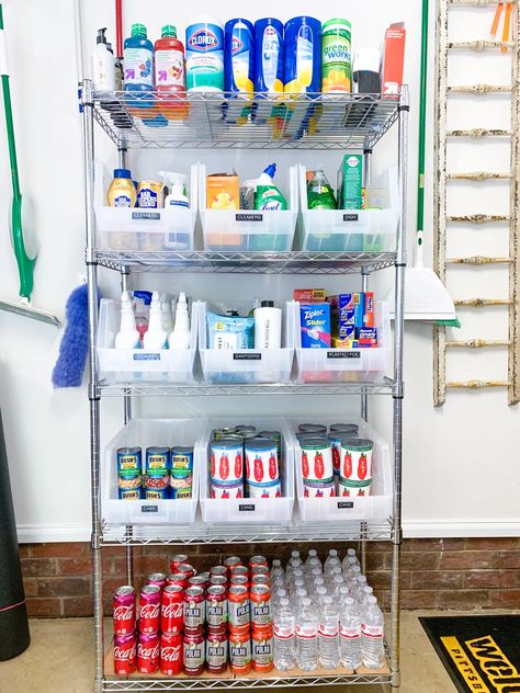 GARAGE/STORAGE | Prim-Space Garage Pantry Ideas Food Storage, Garage Refrigerator Organization, How To Organize Garage Ideas, Garage Food Storage, Garage Toy Organization, Garage Pantry Storage, Backstock Organization, Garage Workspace, Garage Storage Plans