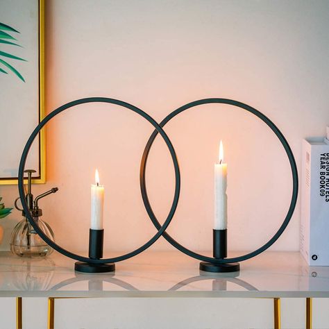 Farmhouse Fireplace Mantel, Circle Candle Holder, Candlestick Crafts, Memorial Candle Holder, Black Candlesticks, Elegant Candle Holders, Black Candle Holders, Candle Stick Decor, Iron Candlesticks