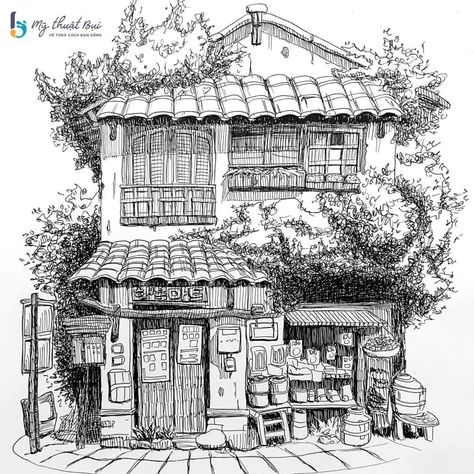 [𝑺𝒂𝒗𝒆 & 𝑭𝒐𝒍𝒍𝒐𝒘]~♡´･ᴗ･`♡ Fineliner Architecture Drawing, Building Pen Sketch, Japanese Building Sketch, Building Pen Drawing, Cozy House Drawing, Ink Architecture Drawing, Pen Drawing Architecture, Japanese Building Drawing, Urban Sketching Pen