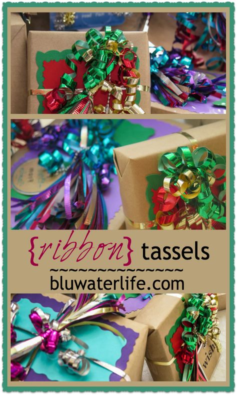 Colorful and easy ribbon tassels using ordinary curling ribbon! From our Christmas series :-) and "how to" is on the blog! #tassels #tasselsDIY #ChristmasGiftwrapIdeas Curling Ribbon Bows Diy, Curly Ribbon Bows For Presents, Curling Ribbon Crafts, Curling Ribbon Ideas, Curling Ribbon Ideas Gift Wrapping, Curling Ribbon Bows, Ribbon On Presents, Christmas Present Ribbon, Bows For Presents