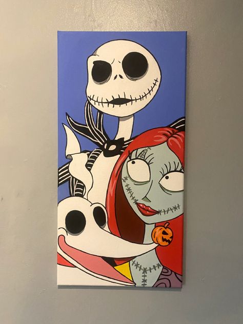 Sally And Jack Painting, Nightmare Before Christmas Painting Easy Canvas, Canvas Character Painting, Nightmare Before Christmas Canvas Art, Jack And Sally Painting, Painting Ideas On Canvas Disney, Tim Burton Painting, Jack Skellington Painting, Nightmare Before Christmas Drawing