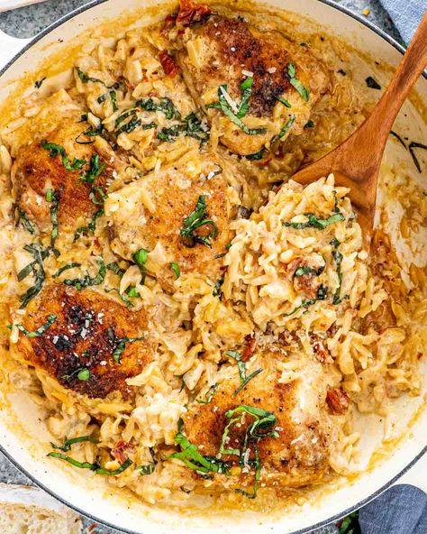 Orzo Recipes With Chicken, One Pot Chicken And Orzo, Chicken And Orzo, Lemon Chicken Thighs, Orzo Dishes, Creamy Orzo, Jo Cooks, Orzo Recipes, Chicken Orzo